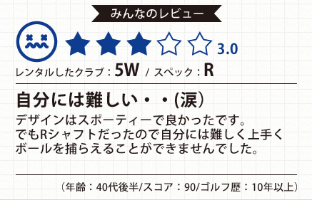 レンタルしたクラブ:5W/スペック:R 自分には難しい・・(涙) デザインはスポーティーでよかったです。でもRシャフトだったので自分には難しく上手くボールを捕らえることが出来ませんでした。