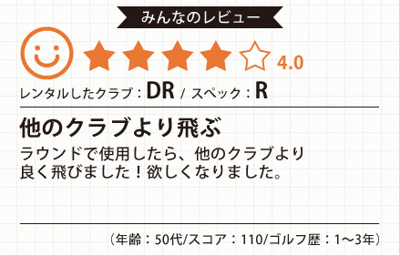 レンタルしたクラブ:DR/スペック:R 他のクラブより飛ぶ ラウンドで使用したら、他のクラブよりよく飛びました！欲しくなりました。