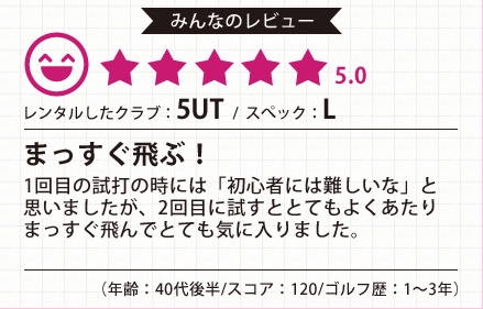 レンタルしたクラブ:5UT/スペック:L まっすぐ飛ぶ！1回目の試打の時には「初心者にいは難しいな」と思いましたが、2回目に試すととてもよくあたりまっすぐ飛んでとても気に入りました。