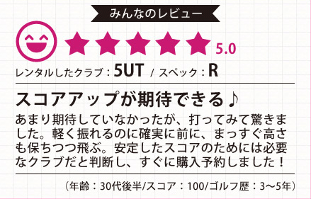 レンタルしたクラブ:5UT/スペック:R スコアアップが期待できる♪ あまり期待していなかったが、打ってみて驚きました。軽く触れるのに確実に前に、まっすぐの高さも保ちつつ飛ぶ。安定したスコアのためには必要なクラブだと判断し、すぐに購入予約しました！