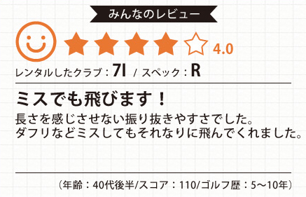 レンタルしたクラブ:7I/スペック:R ミスでも飛びます！ 長さを感じさせない振りぬきやすさでした。ダフリなどミスしてもそれなりに飛んでくれました。